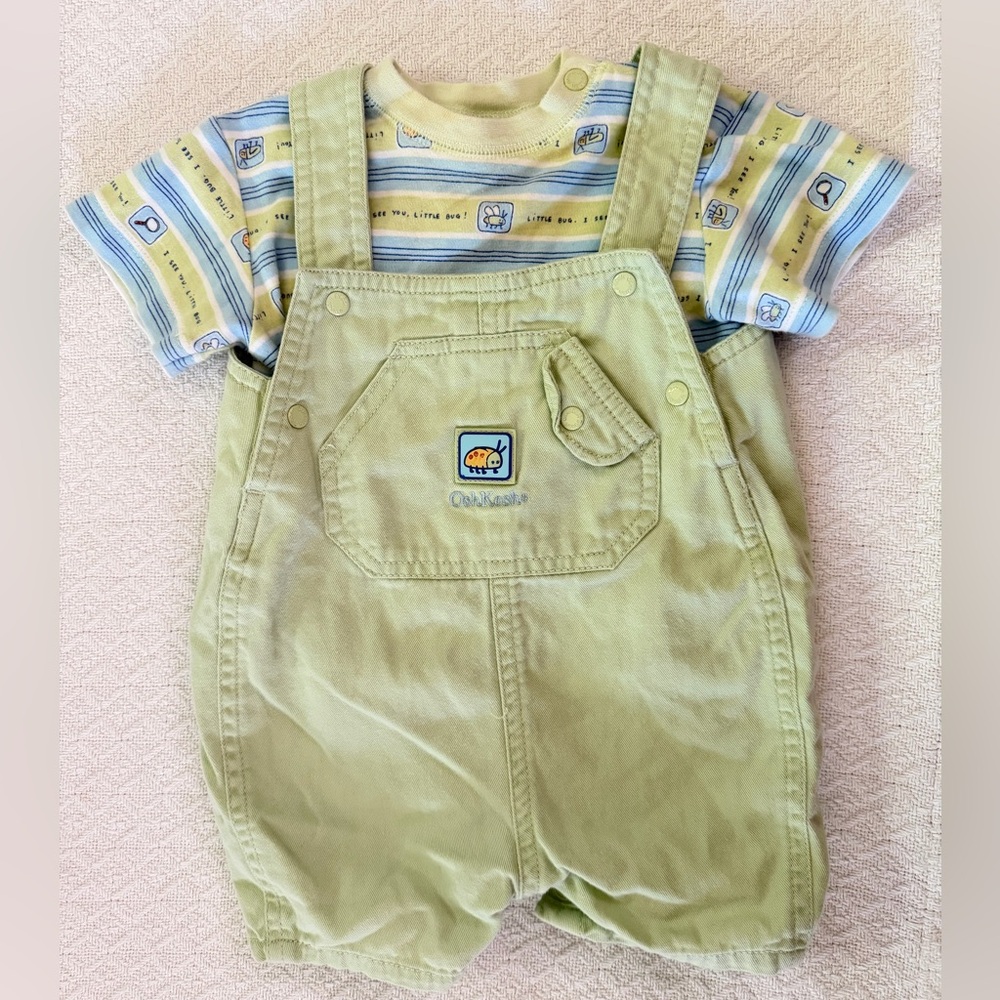 OshKosh B'gosh Vintage Little Bug Pale Green Overalls with Striped Tee